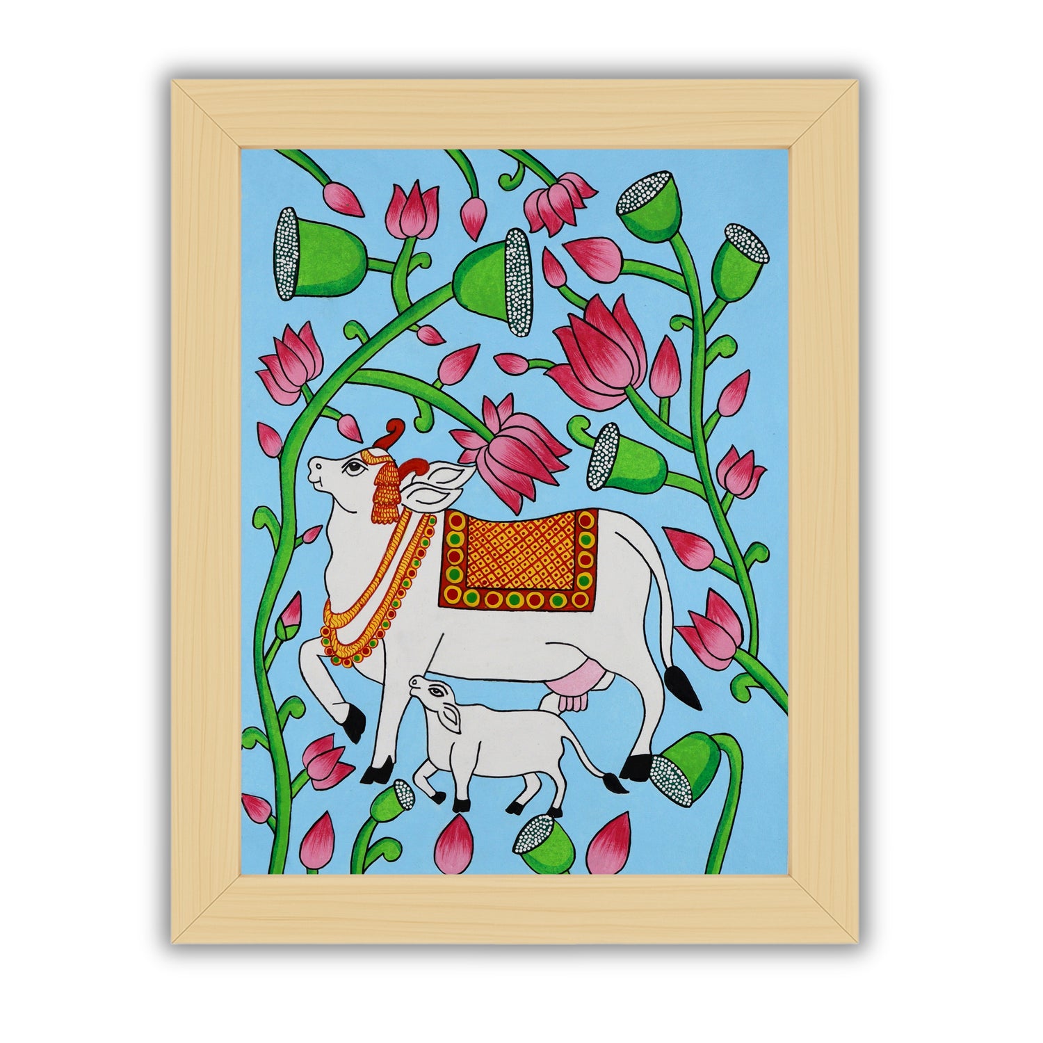 Handmade Pichwai painting with Cow motif, framed for wall decor – traditional Indian temple art
