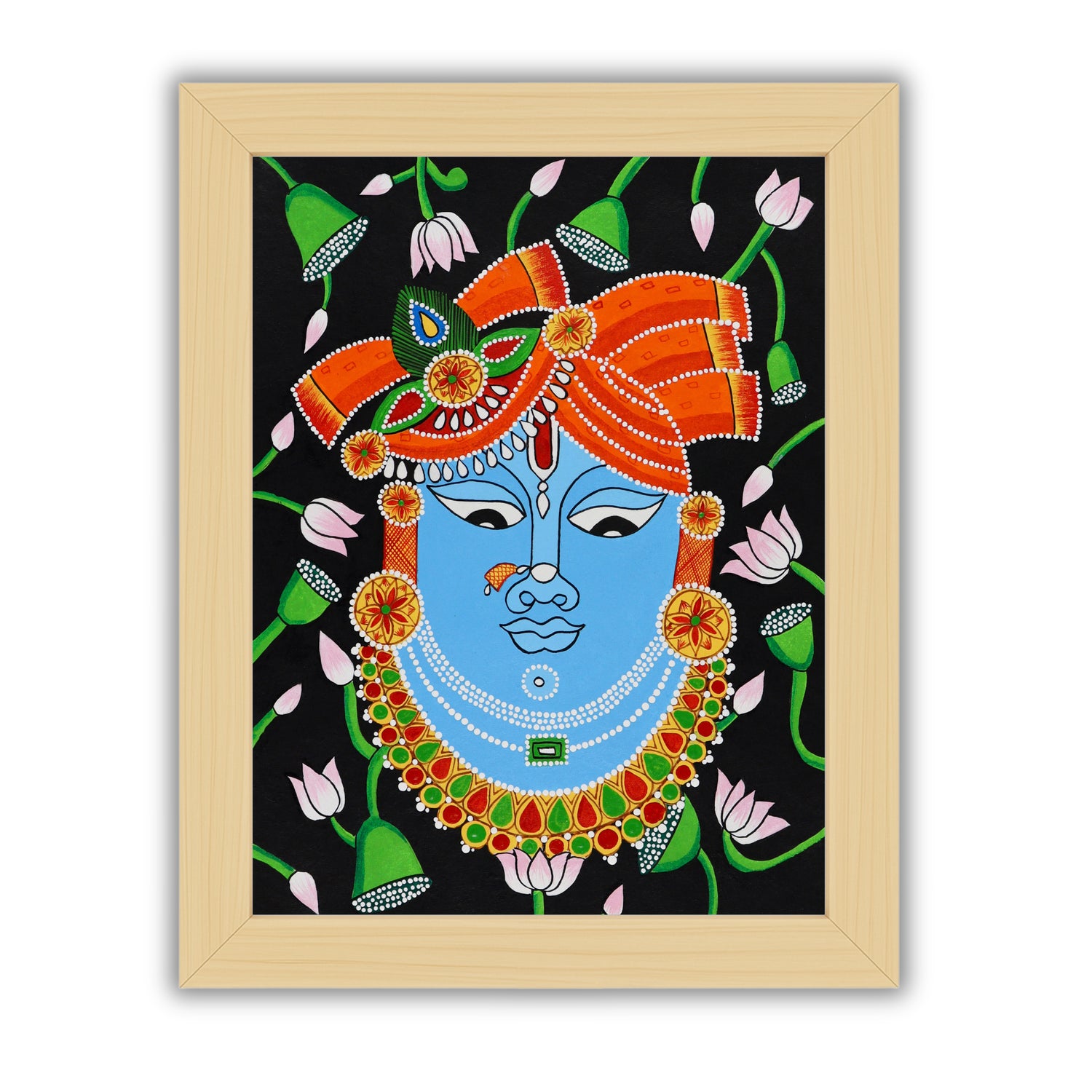 Handmade Pichwai painting with Krishna motif, framed for wall decor – traditional Indian temple art
