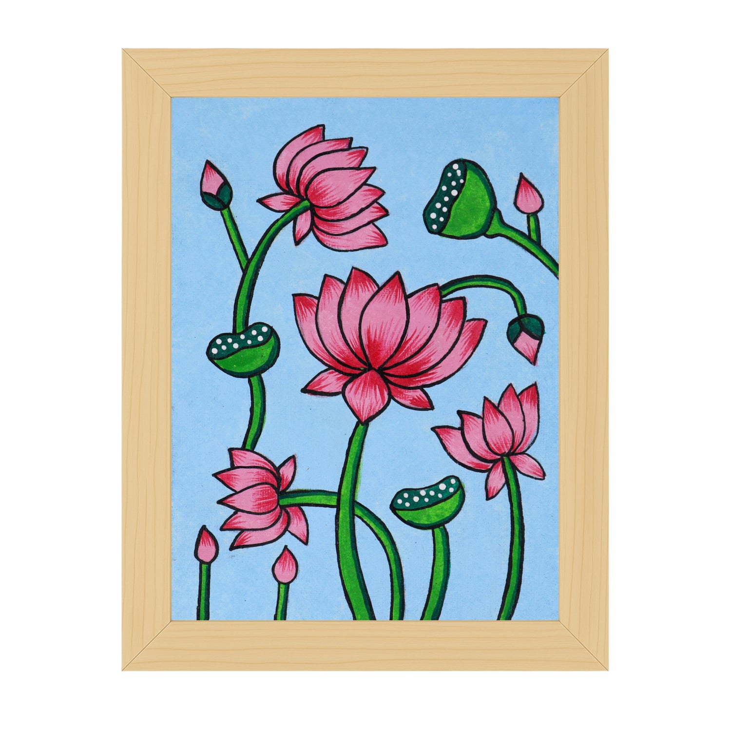 Handmade Pichwai painting with Lotus motif, framed for wall decor – traditional Indian temple art
