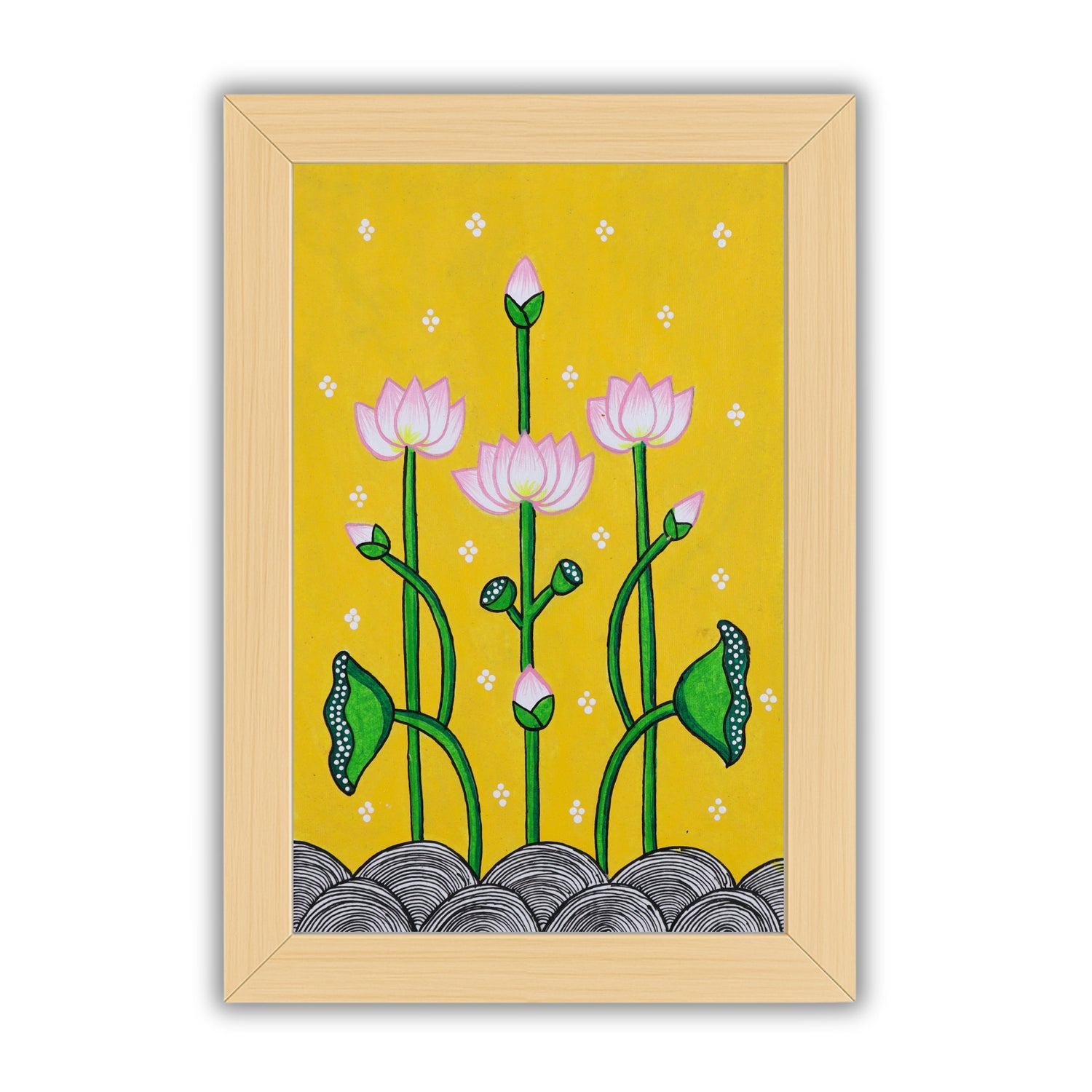 Handmade Pichwai painting with Lotus motif, framed for wall decor – traditional Indian temple art
