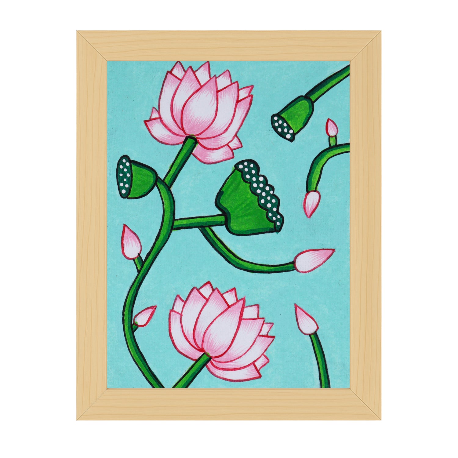Handmade Pichwai painting with Lotus motif, framed for wall decor – traditional Indian temple art
