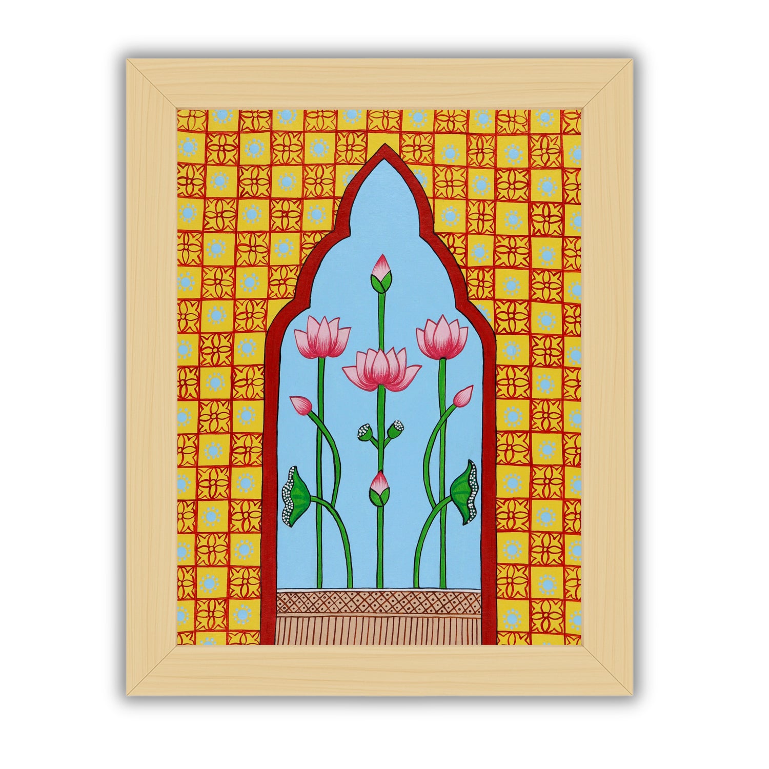Handmade Pichwai painting with Jharokha motif, framed for wall decor – traditional Indian temple art
