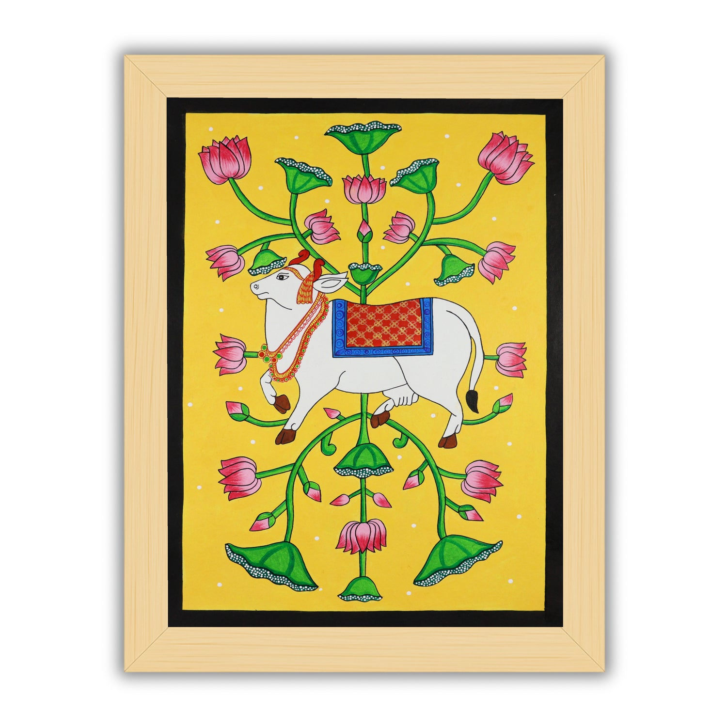 Handmade Pichwai painting with cow motif, framed for wall decor – traditional Indian temple art
