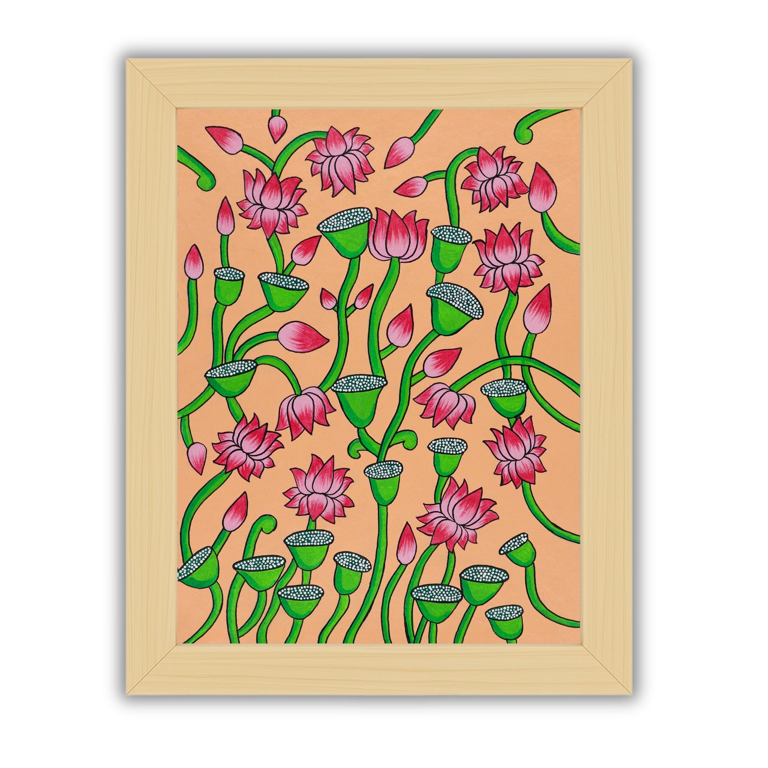 Handmade Pichwai painting with Lotus motif, framed for wall decor – traditional Indian temple art
