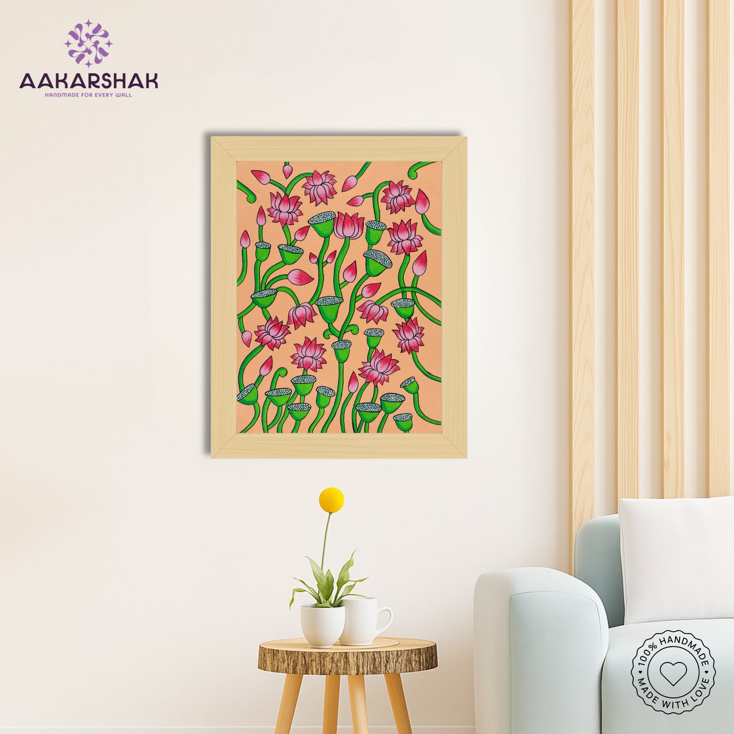 Traditional Pichwai painting on cloth with detailed background motifs – framed and ready to hang
