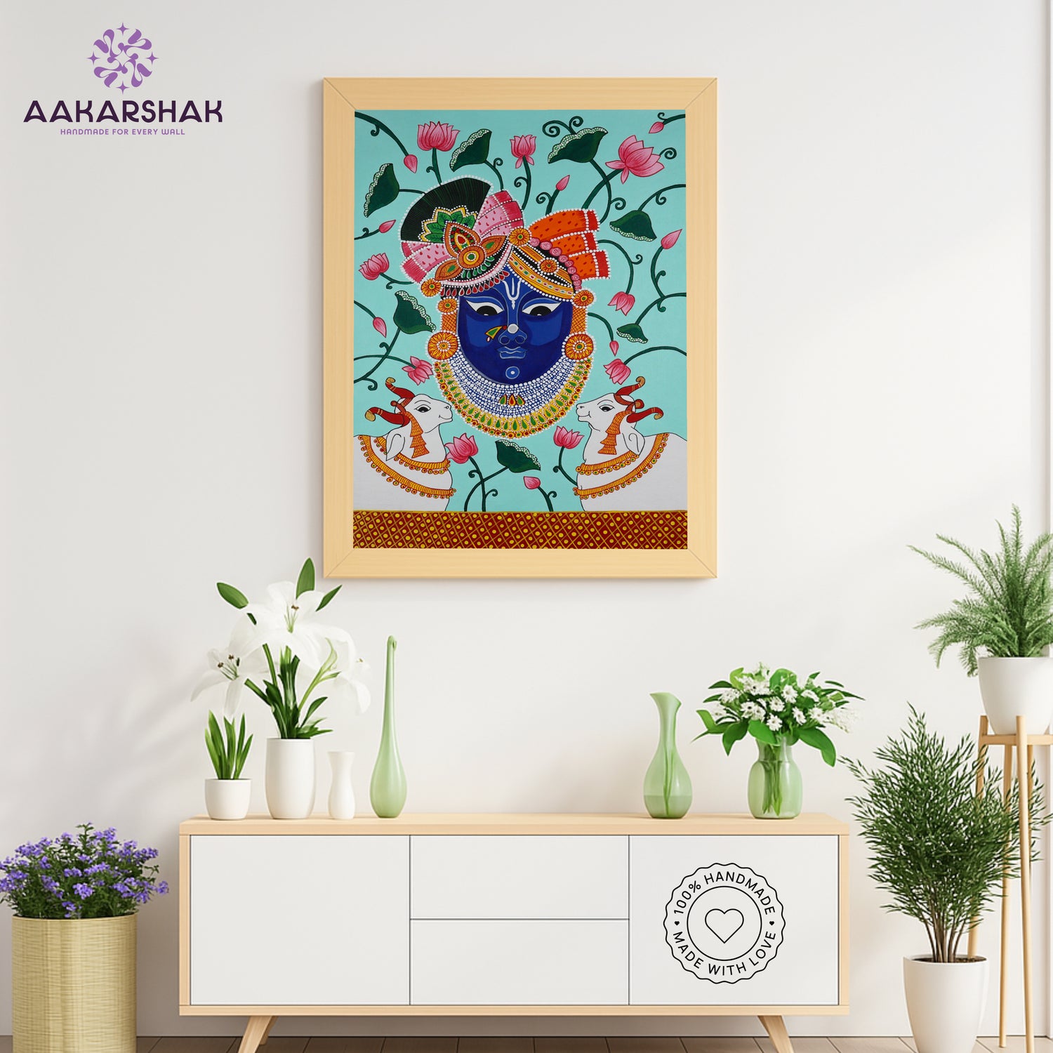 Close-up of hand-painted Pichwai design using vibrant colors and natural themes
