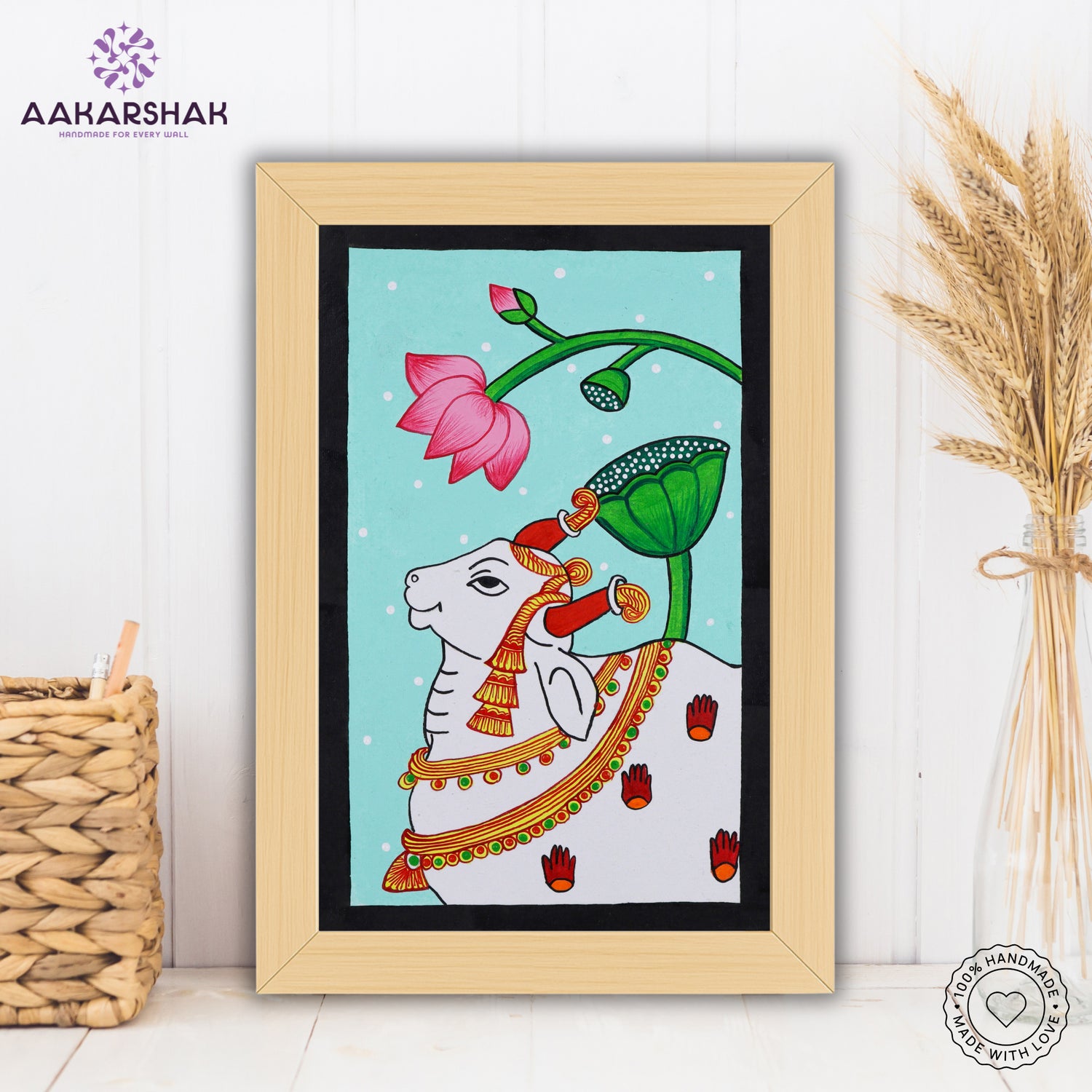Close-up of hand-painted Pichwai design using vibrant colors and natural themes
