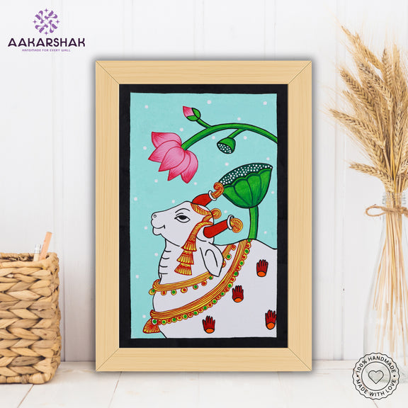 Close-up of hand-painted Pichwai design using vibrant colors and natural themes
