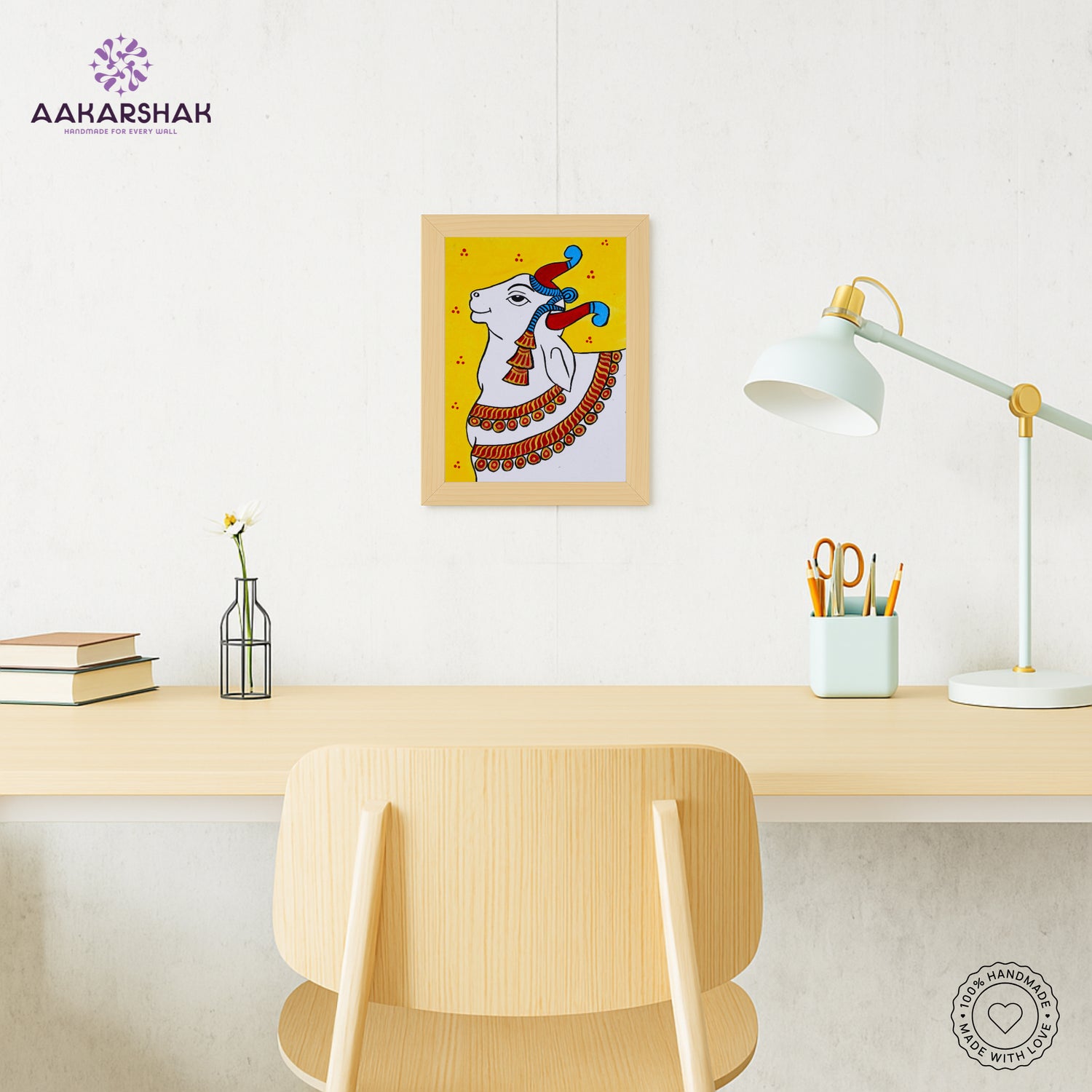 Traditional Pichwai painting on cloth with detailed background motifs – framed and ready to hang
