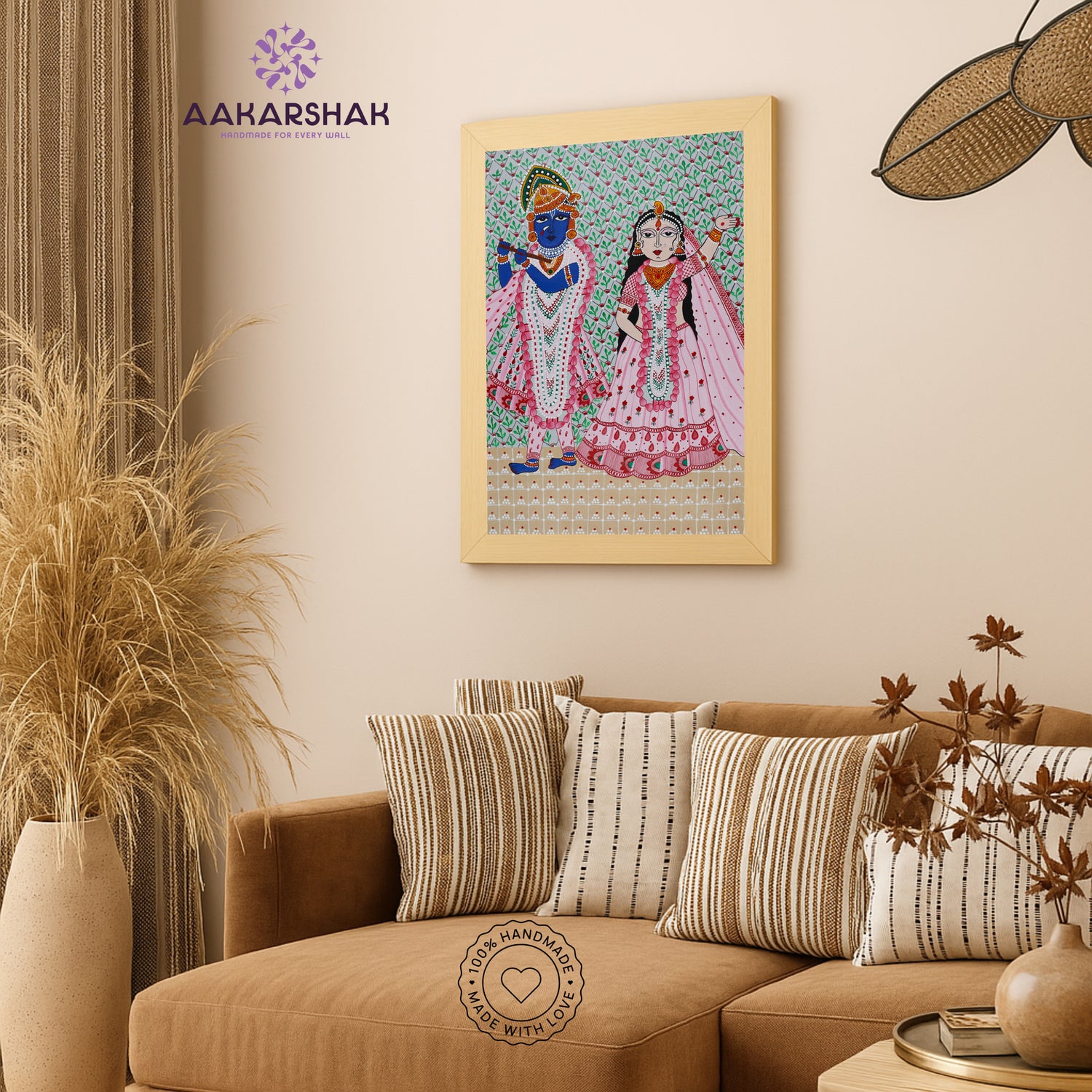 Traditional Pichwai painting on cloth with detailed background motifs – framed and ready to hang
