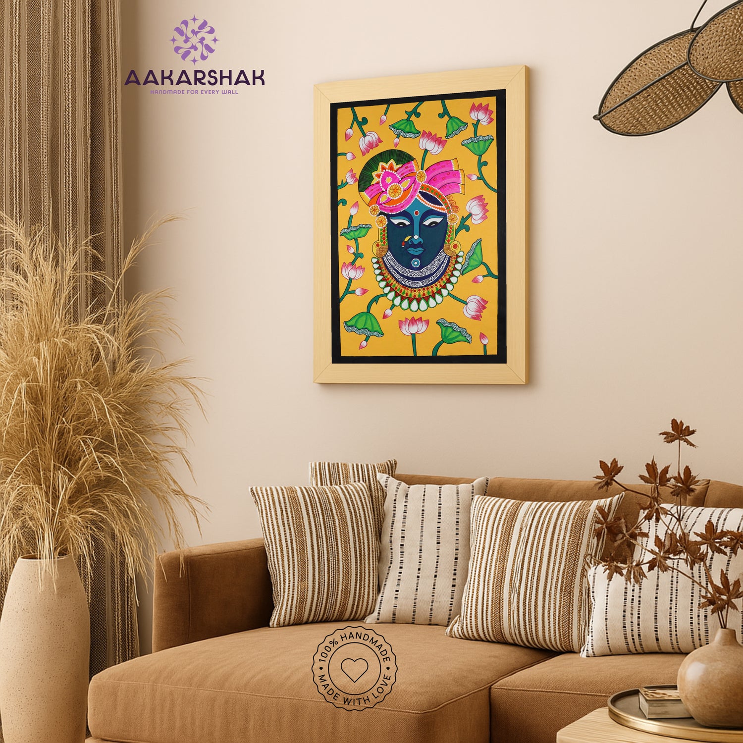 Traditional Pichwai painting on cloth with detailed background motifs – framed and ready to hang
