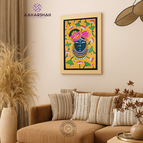 Traditional Pichwai painting on cloth with detailed background motifs – framed and ready to hang
