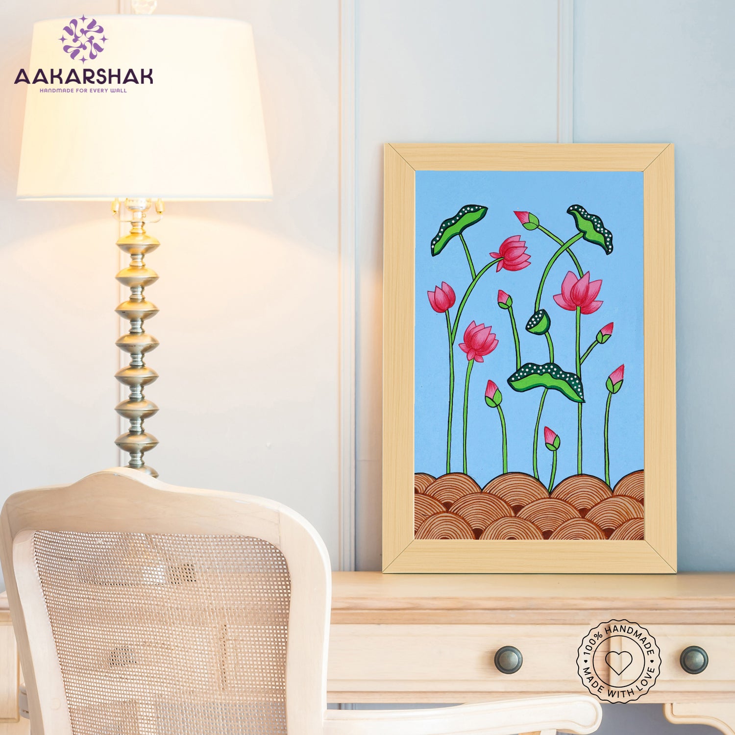 Traditional Pichwai painting on cloth with detailed background motifs – framed and ready to hang

