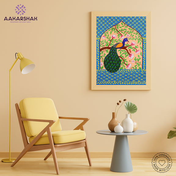 Traditional Pichwai painting on cloth with detailed background motifs – framed and ready to hang
