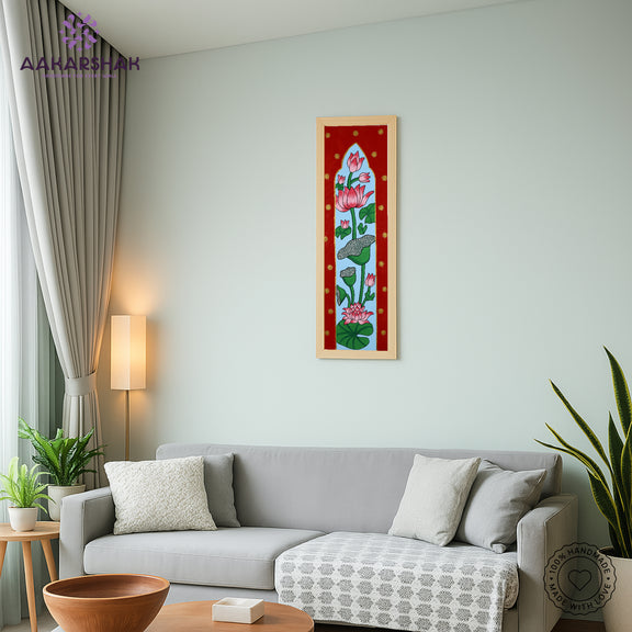 Traditional Pichwai painting on cloth with detailed background motifs – framed and ready to hang
