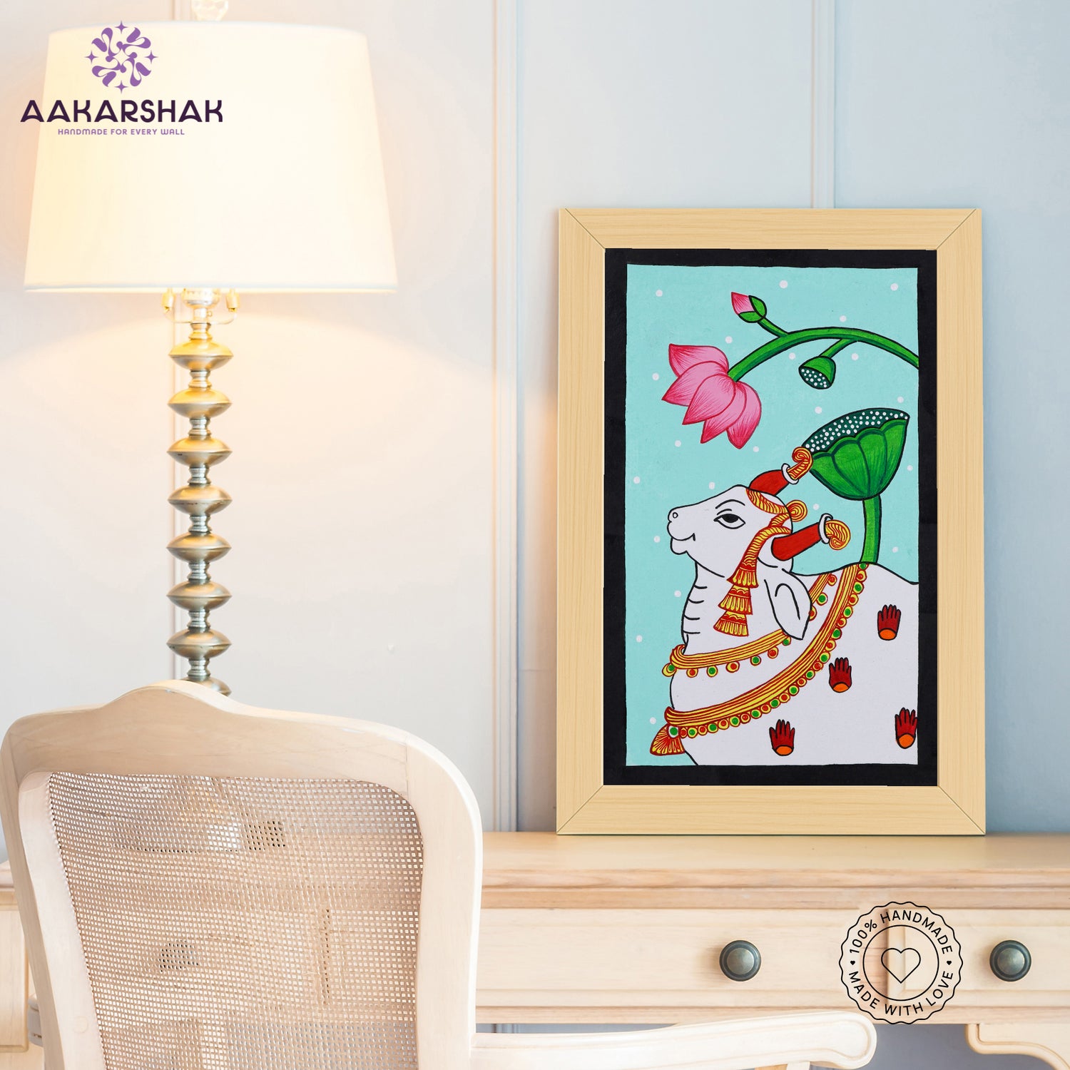 Traditional Pichwai painting on cloth with detailed background motifs – framed and ready to hang
