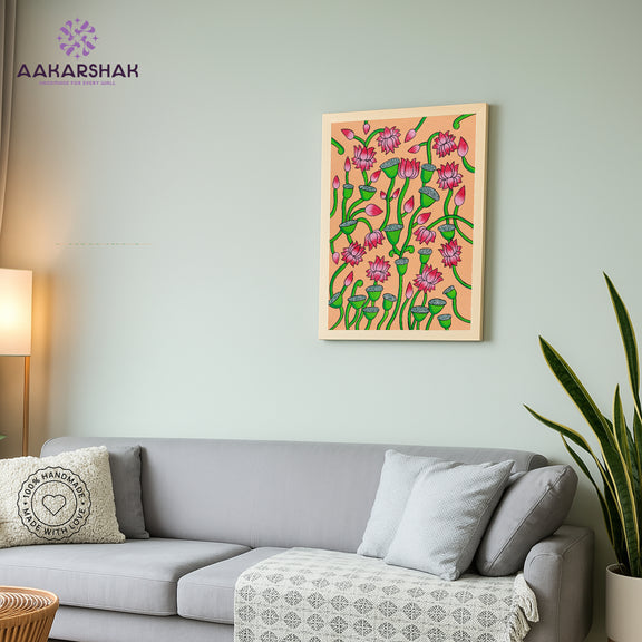 Close-up of hand-painted Pichwai design using vibrant colors and natural themes

