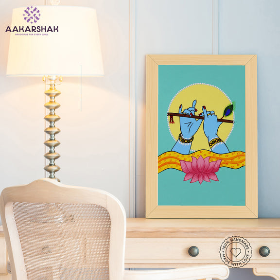 Traditional Pichwai painting on cloth with detailed background motifs – framed and ready to hang
