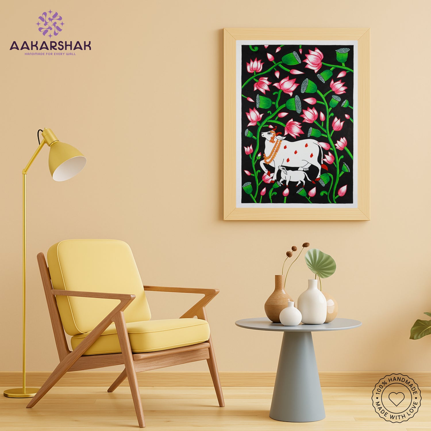 Traditional Pichwai painting on cloth with detailed background motifs – framed and ready to hang
