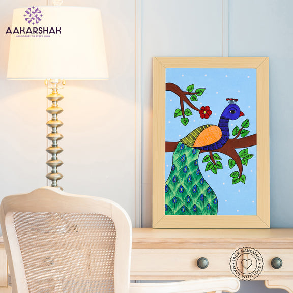 Traditional Pichwai painting on cloth with detailed background motifs – framed and ready to hang
