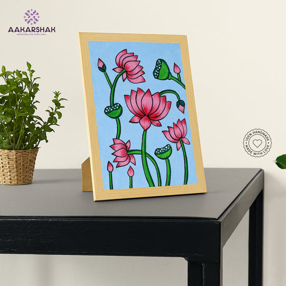 Traditional Pichwai painting on cloth with detailed background motifs – framed and ready to hang
