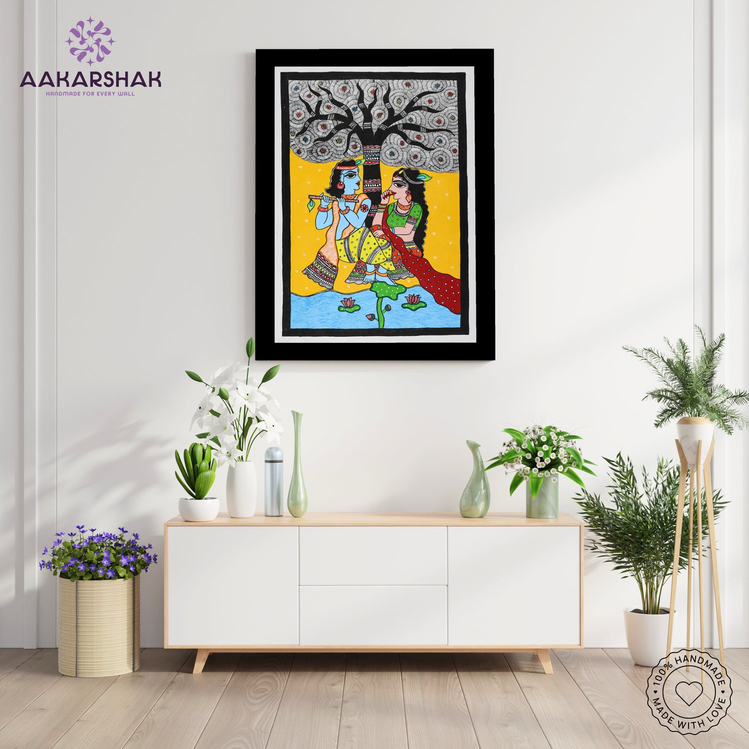 Side view of framed Madhubani artwork with acrylic glass and wooden frame
