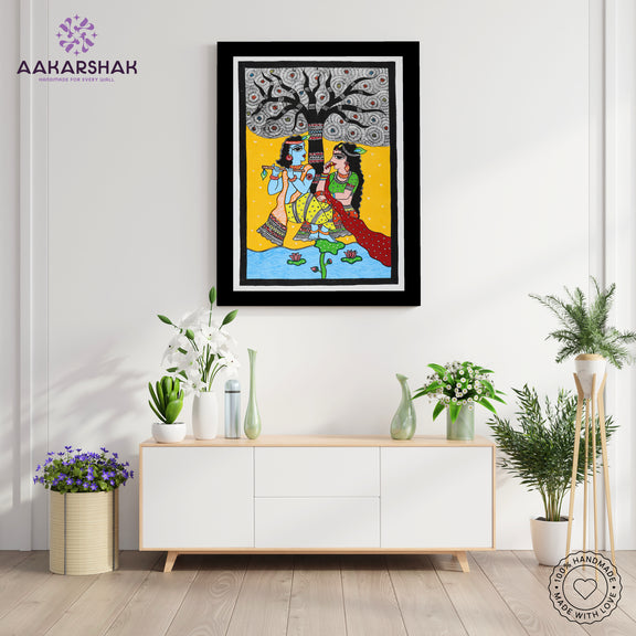 Side view of framed Madhubani artwork with acrylic glass and wooden frame
