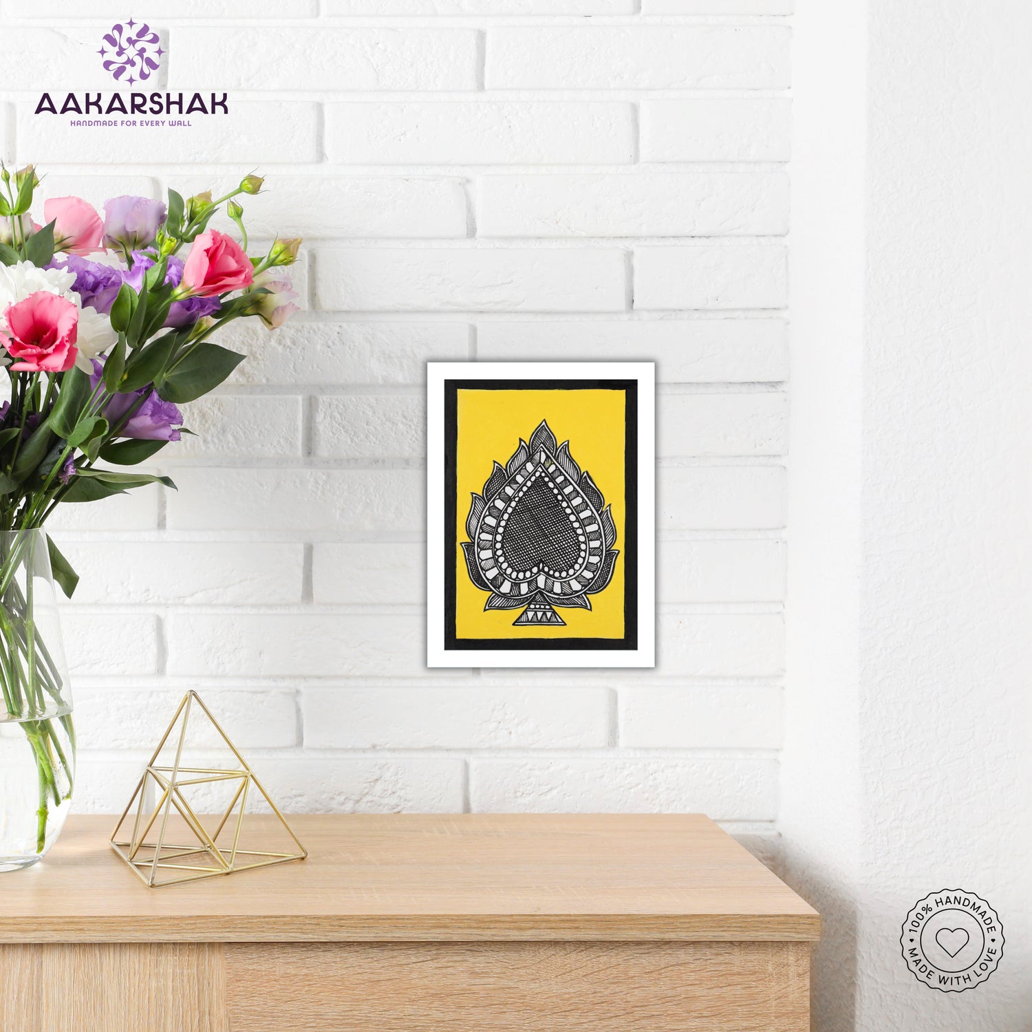 Side view of framed Madhubani artwork with acrylic glass and wooden frame
