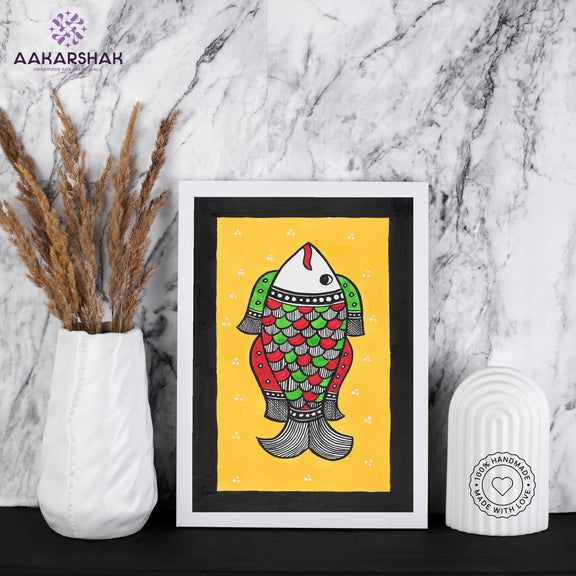 Side view of framed Madhubani artwork with acrylic glass and wooden frame
