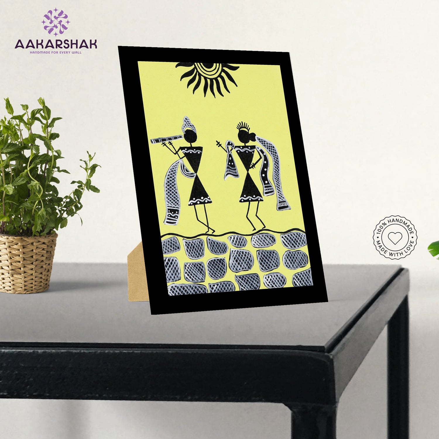 Tabletop or wall-mounted Warli painting framed with MDF back and acrylic front
