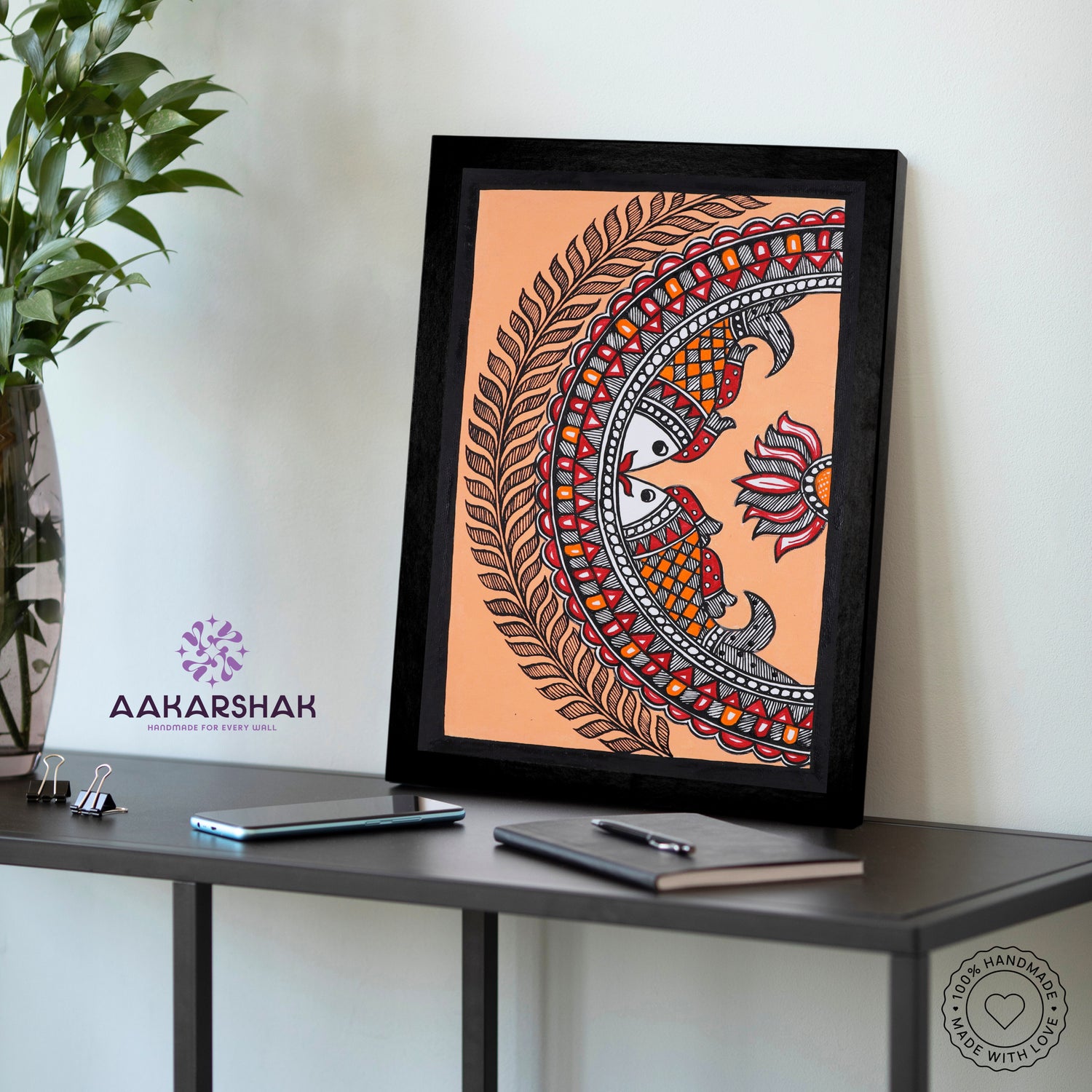 Traditional Indian wall painting displayed in modern home interior setting
