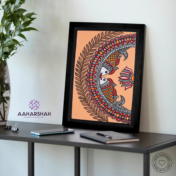 Traditional Indian wall painting displayed in modern home interior setting
