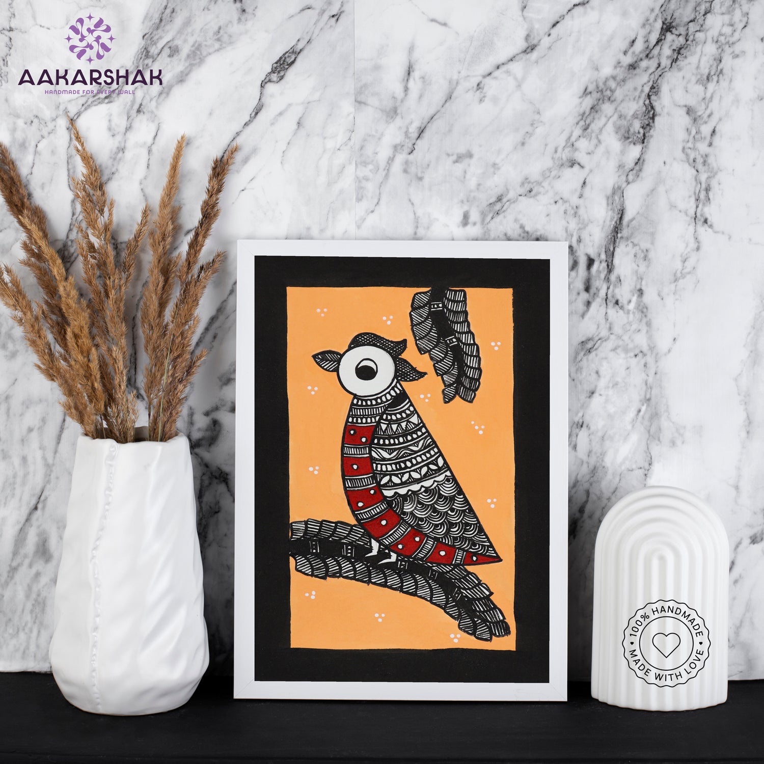 Side view of framed Madhubani artwork with acrylic glass and wooden frame
