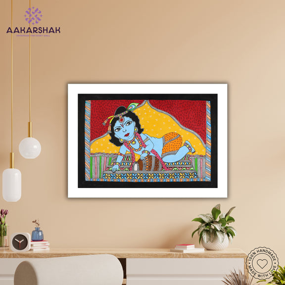 Side view of framed Madhubani artwork with acrylic glass and wooden frame
