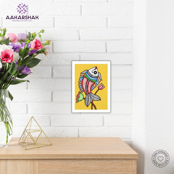 Traditional Indian wall painting displayed in modern home interior setting

