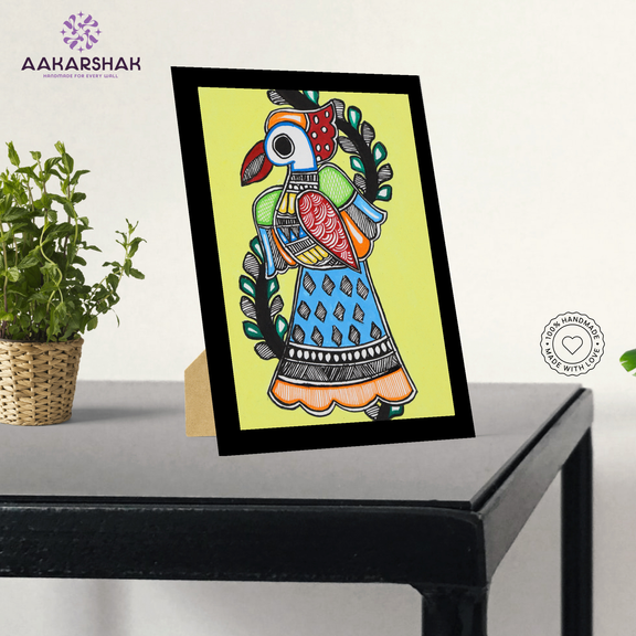 Colorful framed Peacock artwork – Indian folk Madhubani painting for wall decor