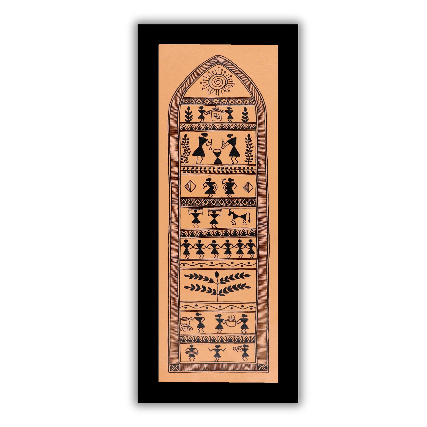 Handmade Warli painting with village scene, framed for wall decor – traditional tribal folk art of India
