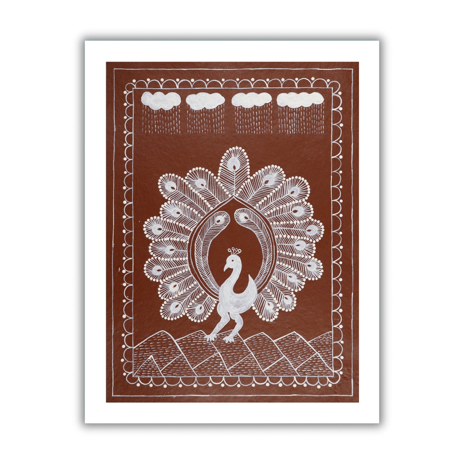 Handmade Warli painting with Peacock figures, framed for wall decor – traditional tribal folk art of India
