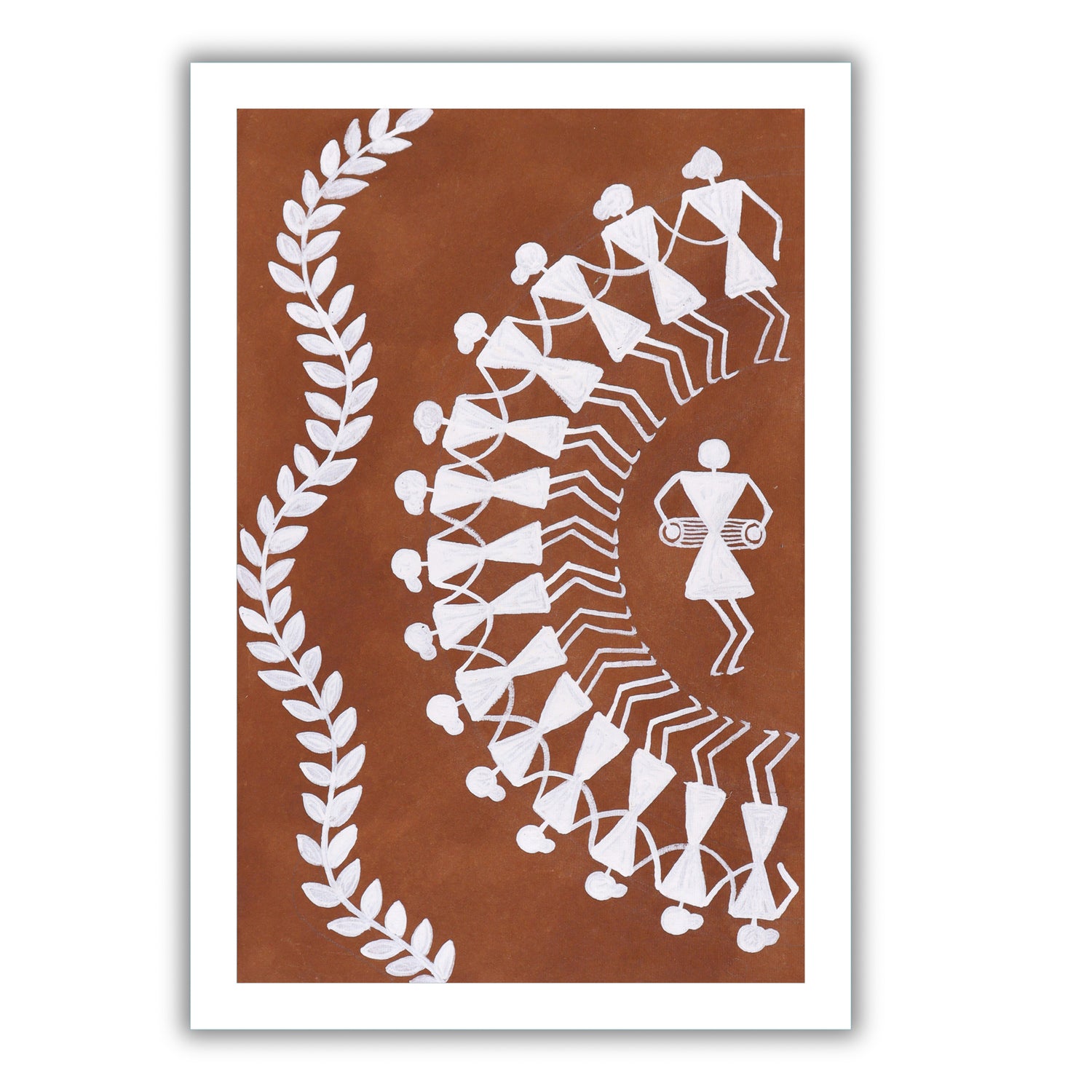Handmade Warli painting with dancing figures, framed for wall decor – traditional tribal folk art of India

