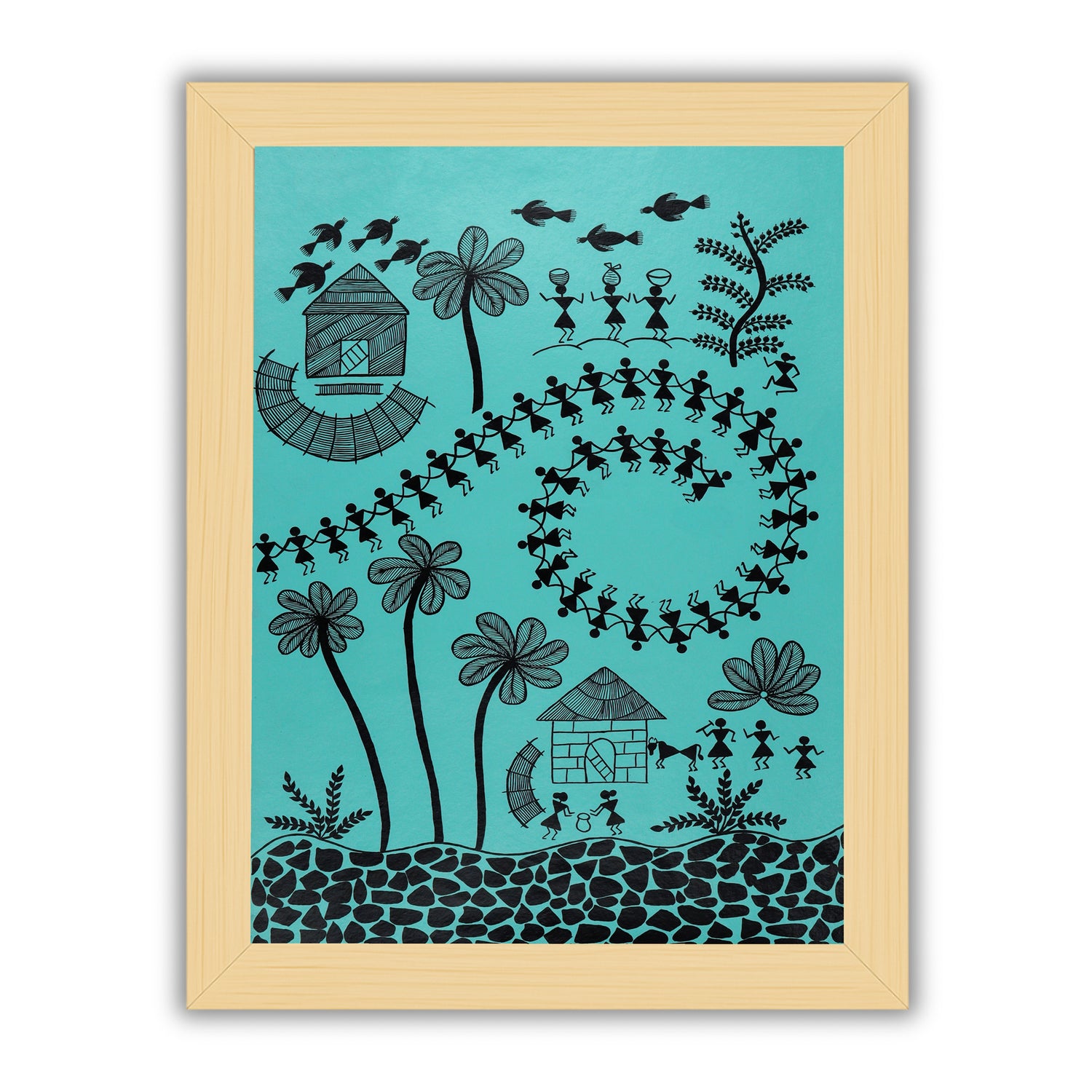 Handmade Warli painting with Village figures, framed for wall decor – traditional tribal folk art of India
