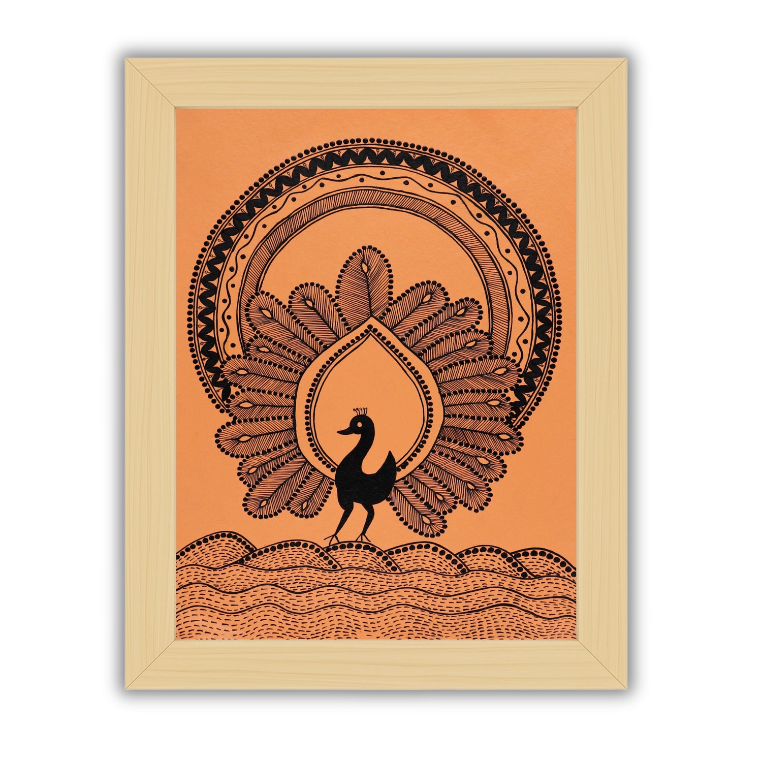 Handmade Warli Peacock Painting – 12x16 Inch Framed Tribal Art