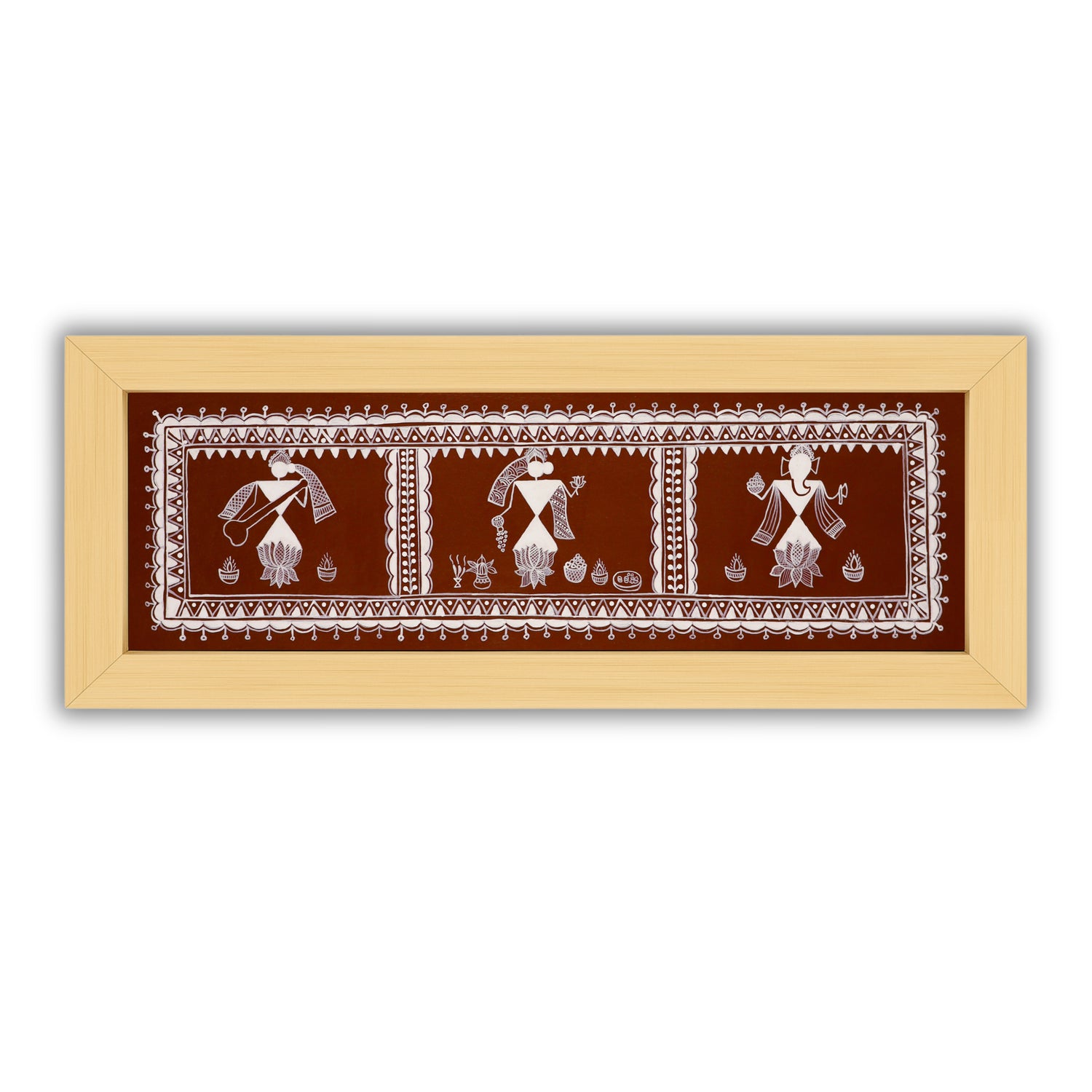 Handmade Warli painting with Ganesh Laxmi Saraswati motif, framed for wall decor – traditional tribal folk art of India
