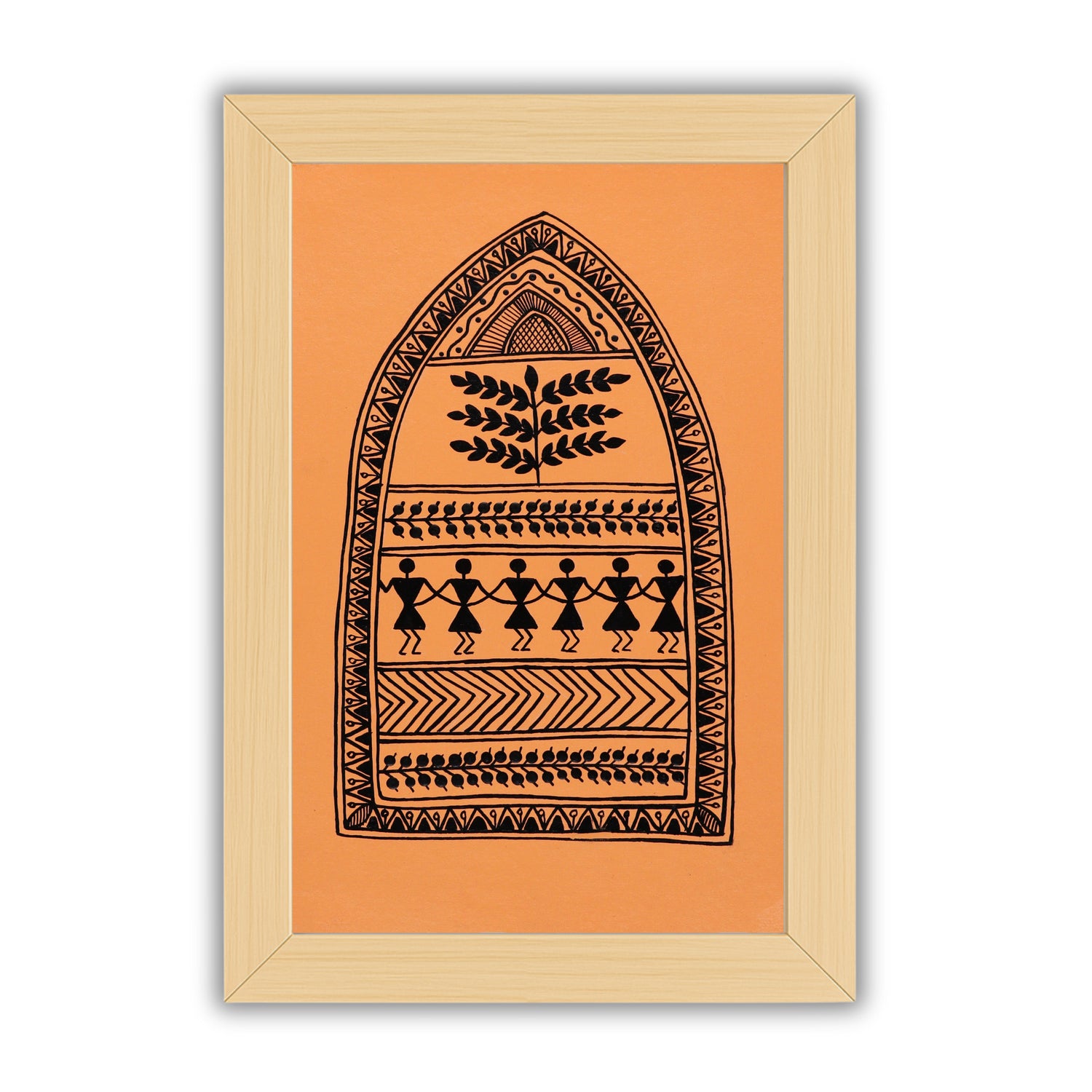Handmade Warli painting with dancing figures, framed for wall decor – traditional tribal folk art of India

