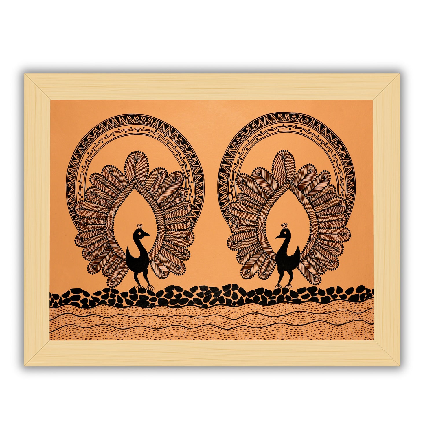 Handmade Warli painting with Peacock figures, framed for wall decor – traditional tribal folk art of India
