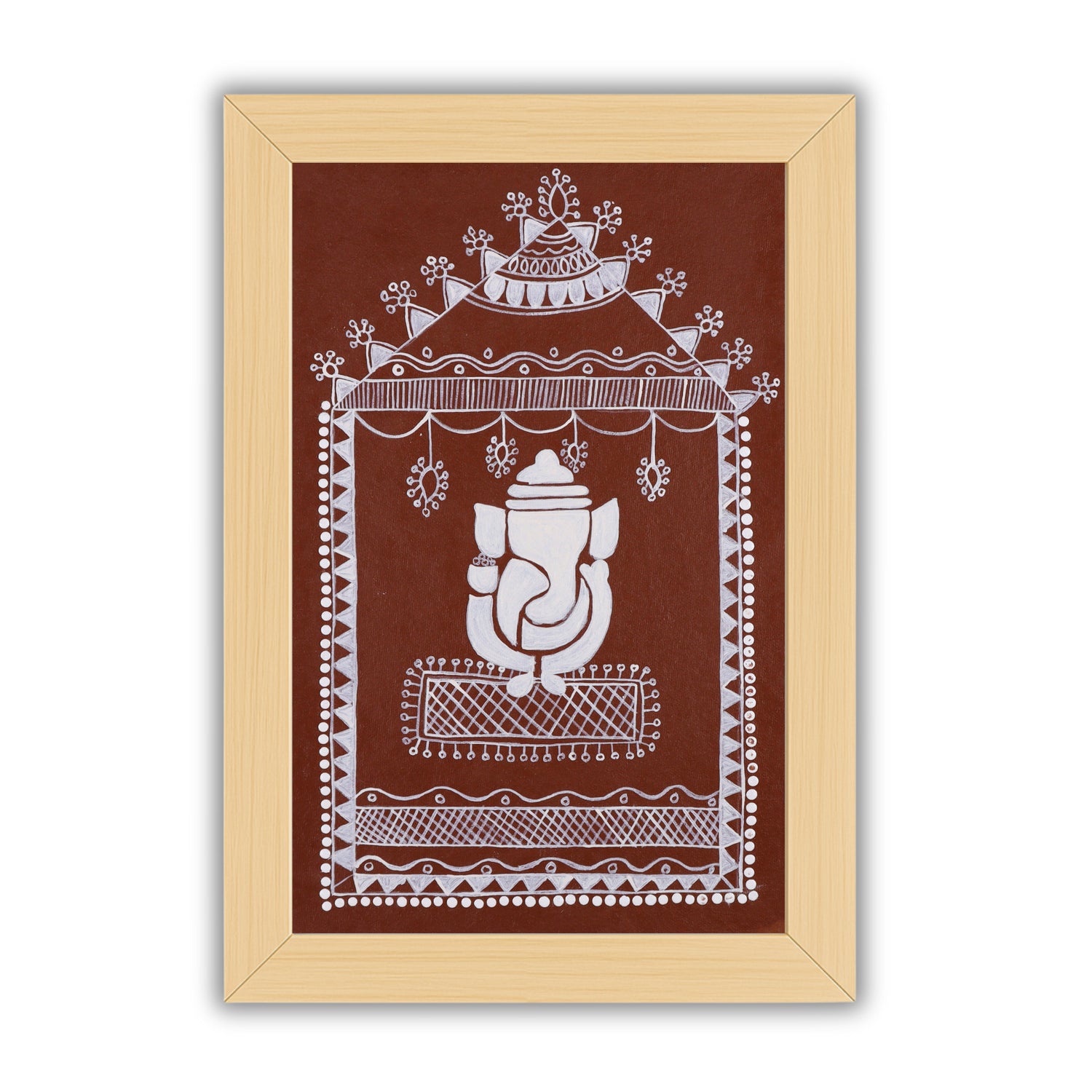 Handmade Warli painting with Ganesha figures, framed for wall decor – traditional tribal folk art of India
