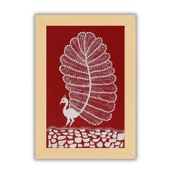 Handmade Warli painting with Peacock figures, framed for wall decor – traditional tribal folk art of India
