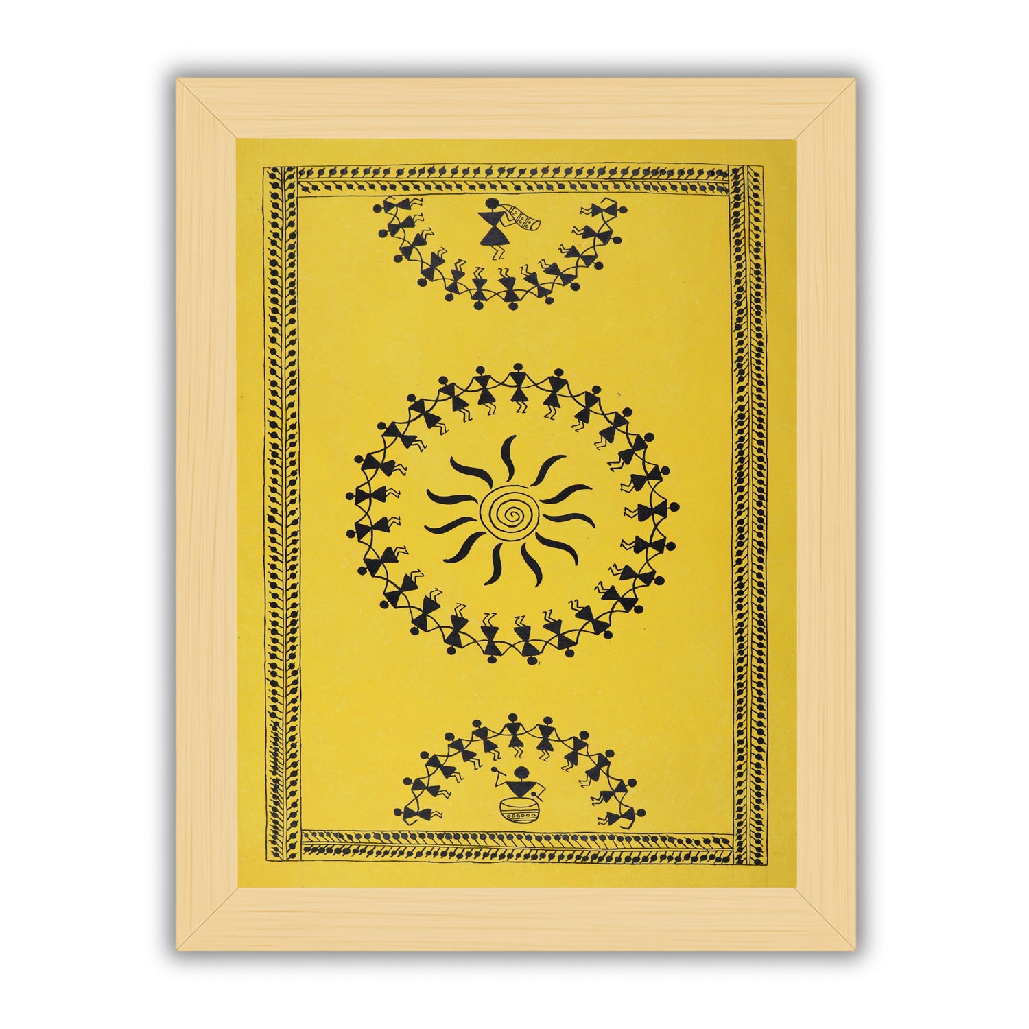 Handmade Warli painting with dancing figures, framed for wall decor – traditional tribal folk art of India
