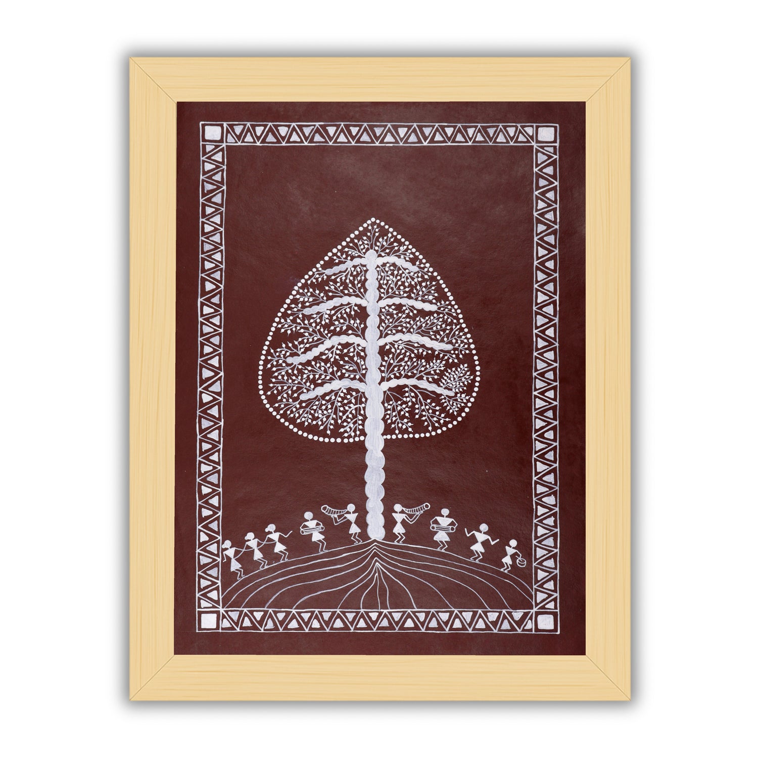 Handmade Warli painting with Tree figures, framed for wall decor – traditional tribal folk art of India
