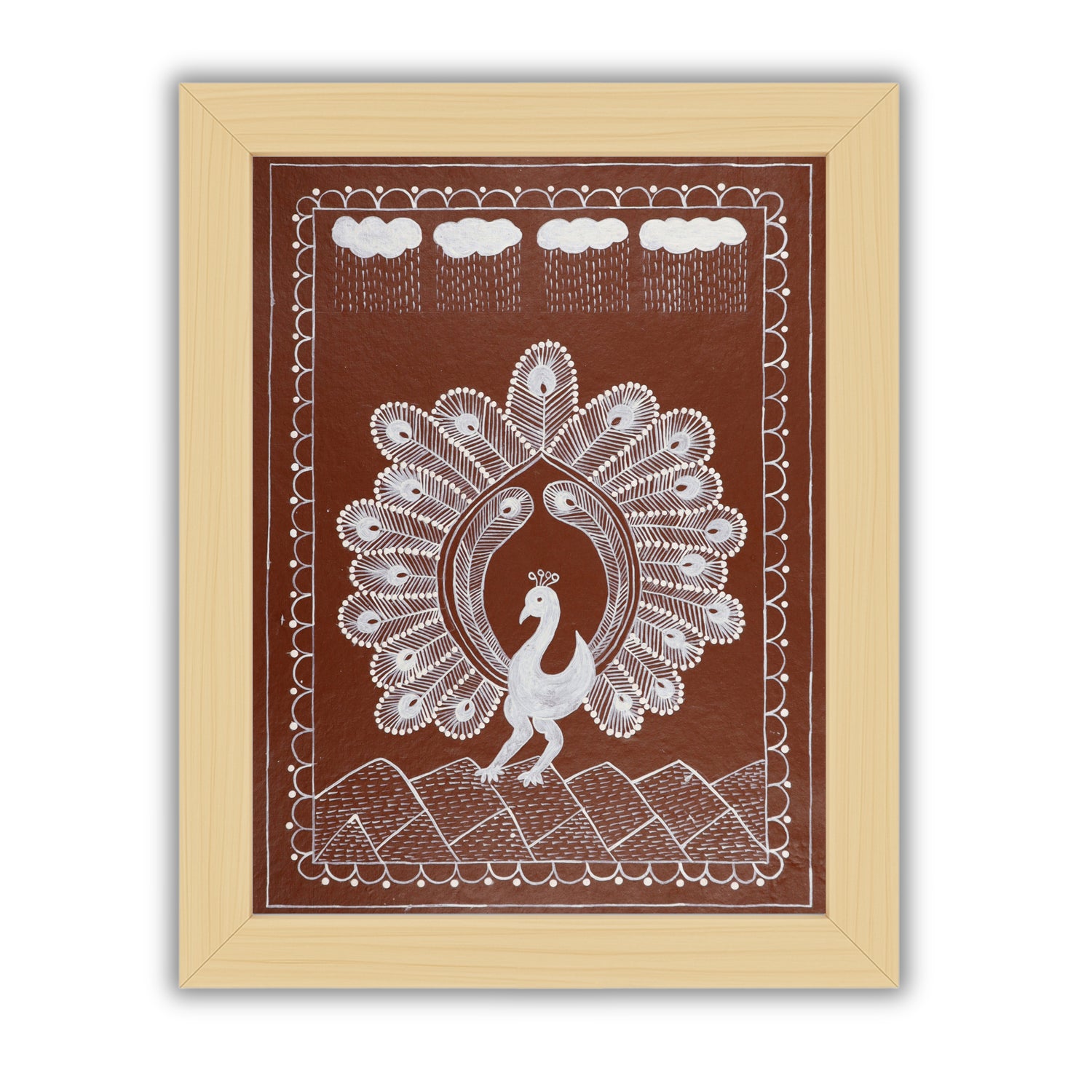 Handmade Warli Peacock Painting – 12x16 Inch Framed Tribal Art