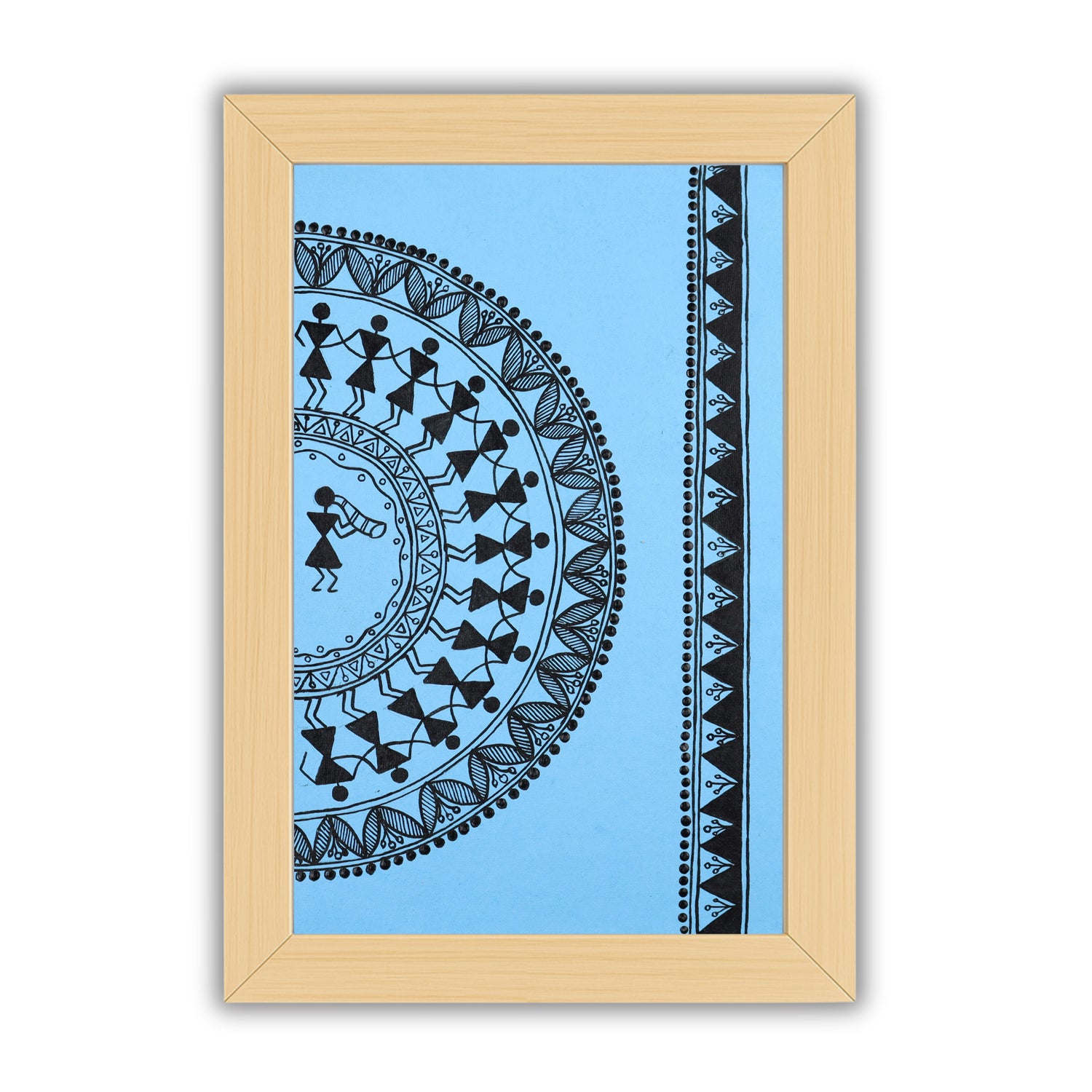Handmade Warli painting with dancing figures, framed for wall decor – traditional tribal folk art of India
